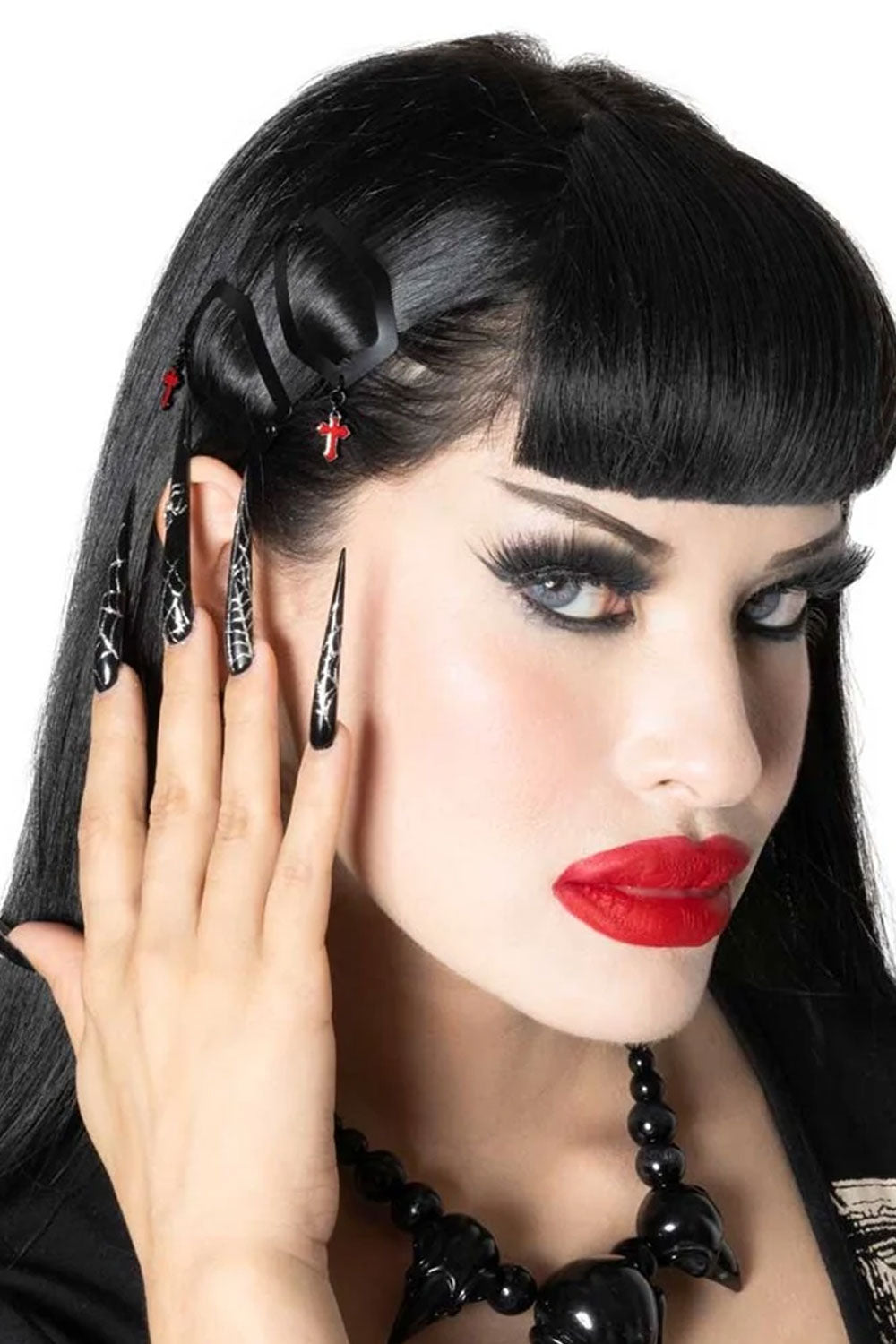 black snap hair clips with red cross charm from Kreepsville