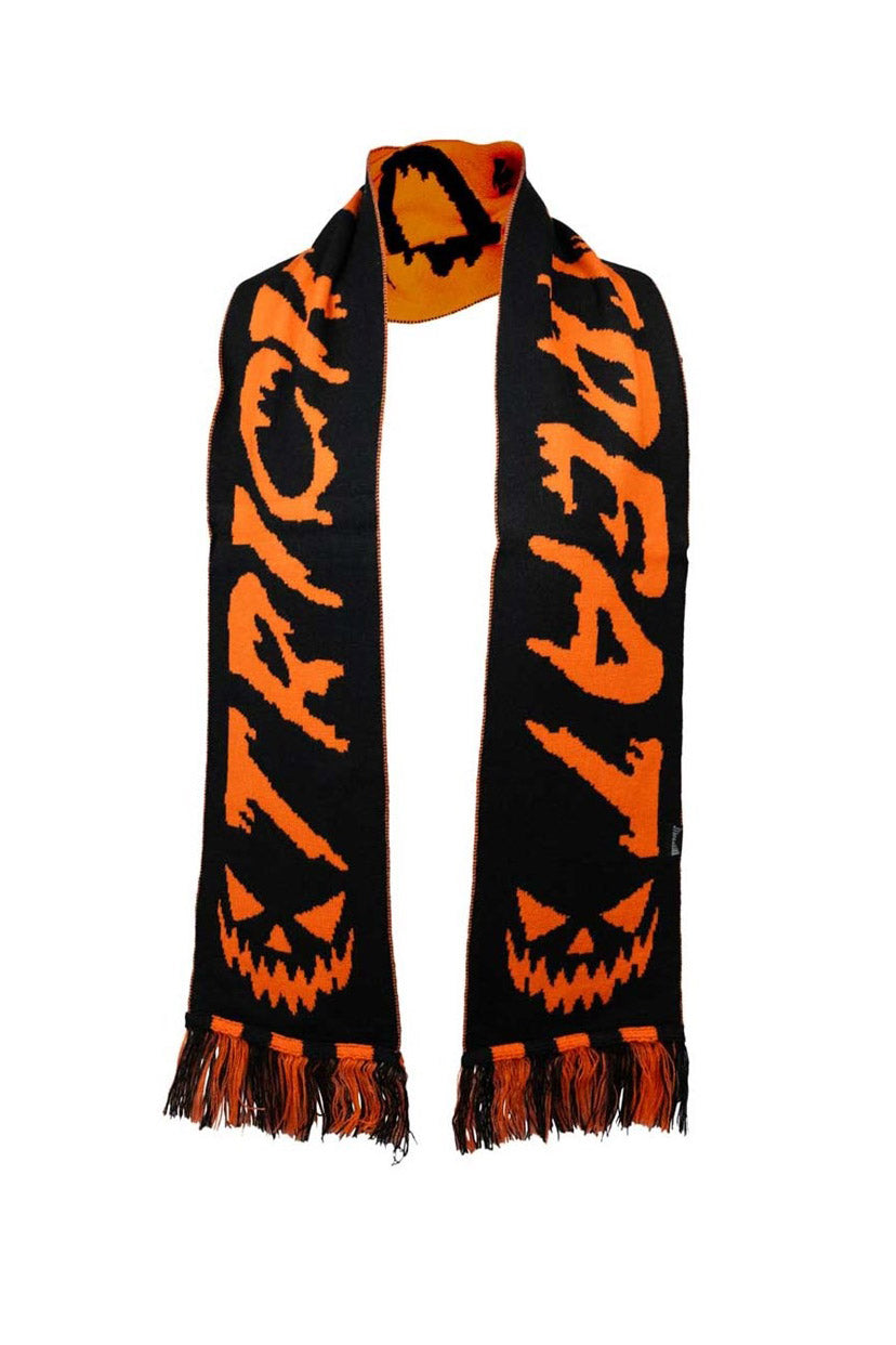 Black scarf with orange jack-o'-lantern faces on a white background