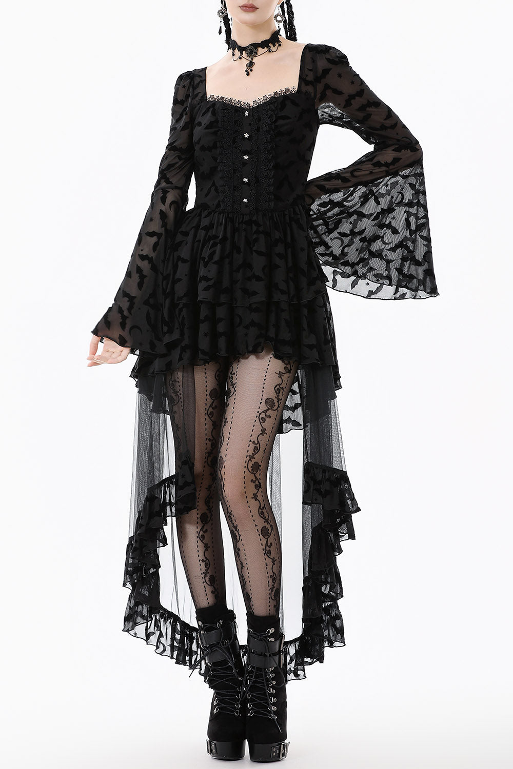 dark bat pattern gothic long high low hem dress