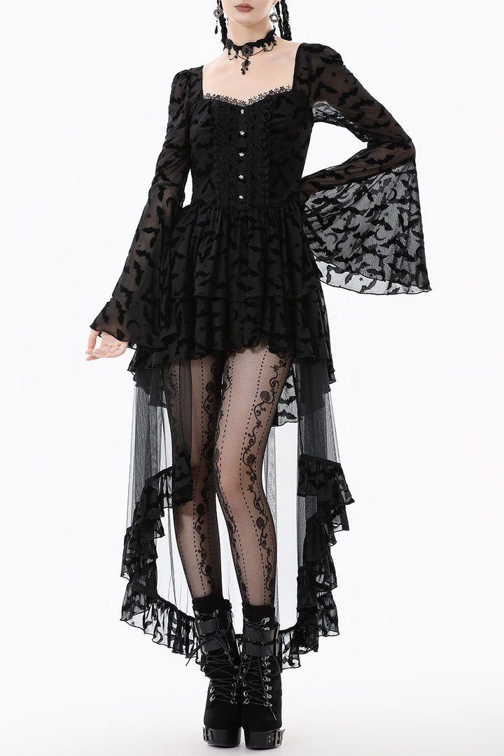 dark bat pattern gothic long high low hem dress