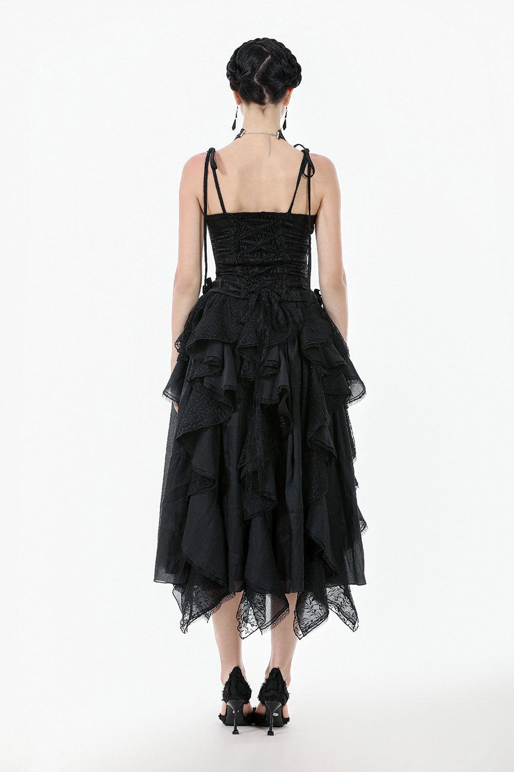 ruffled lace black Jacquard tank top with corset back