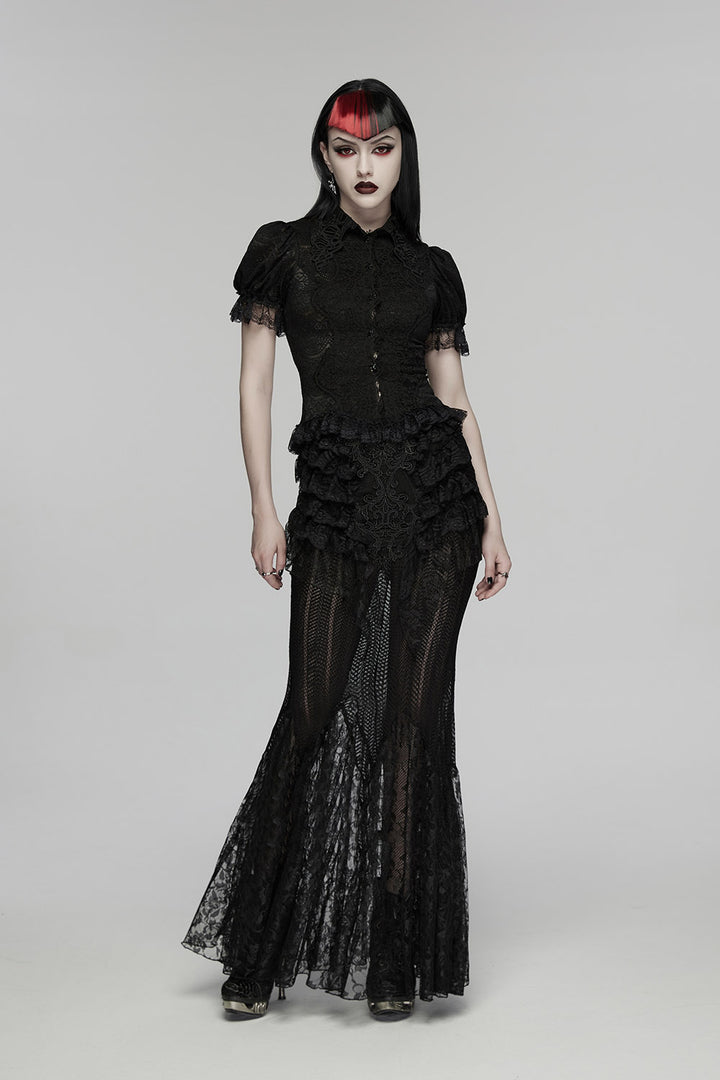 elegant romantic black lace puff sleeve blouse 