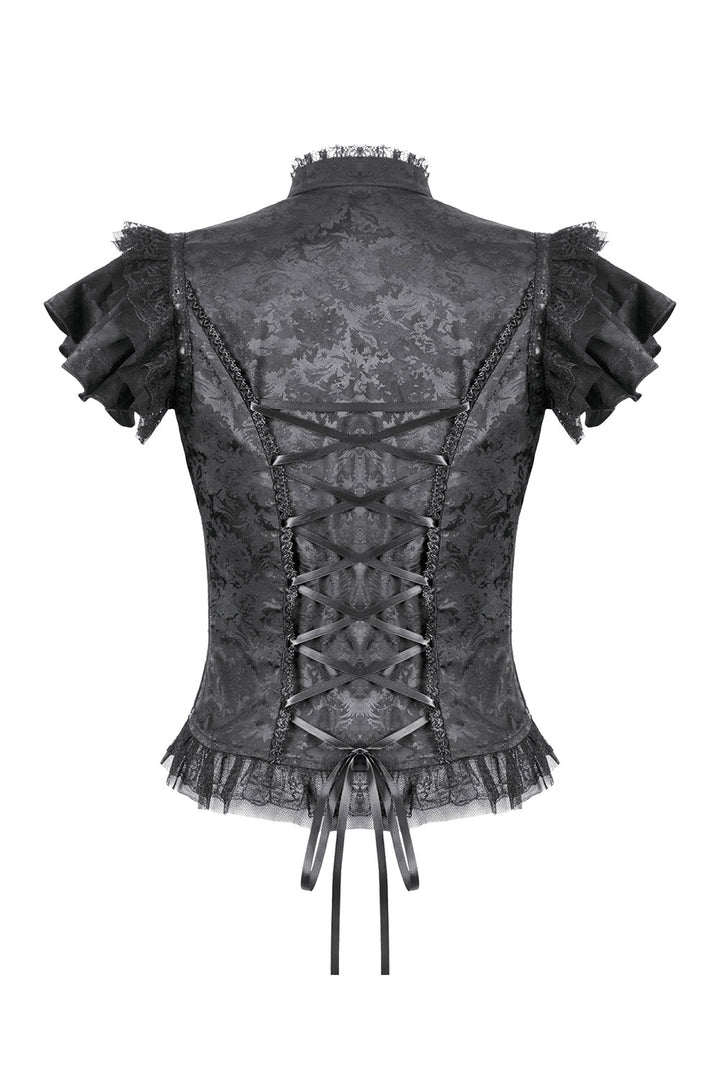 damask Jacquard ruffled short sleeve blouse 