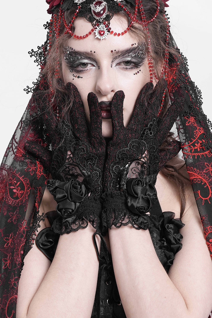 romantic lace and ribbon full finger goth gloves