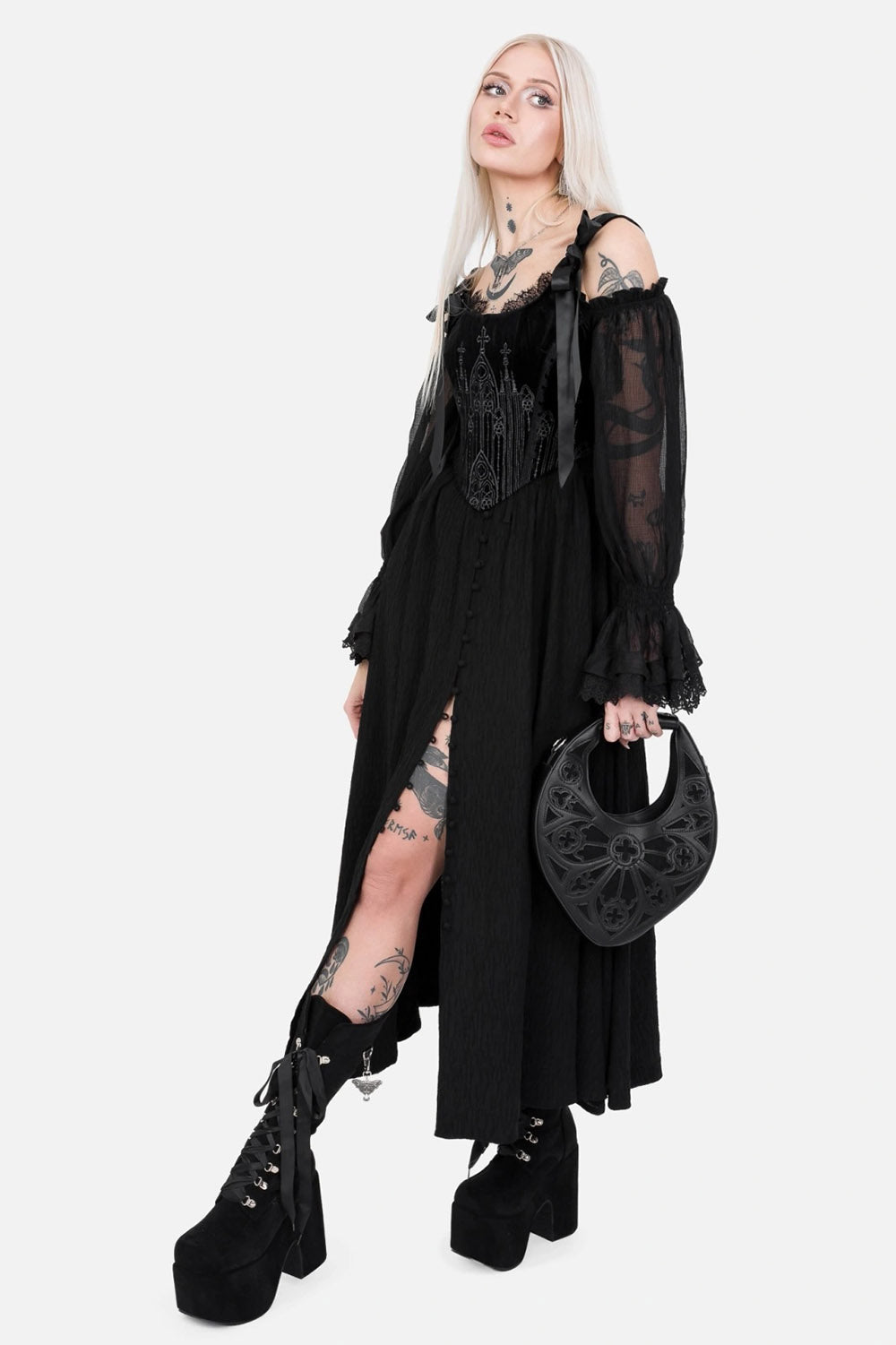 embroidered gothic cathedral corset with satin bow straps