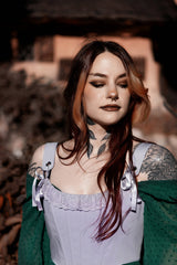 gothic lace ribbon tie shoulder corset top with interior boning 