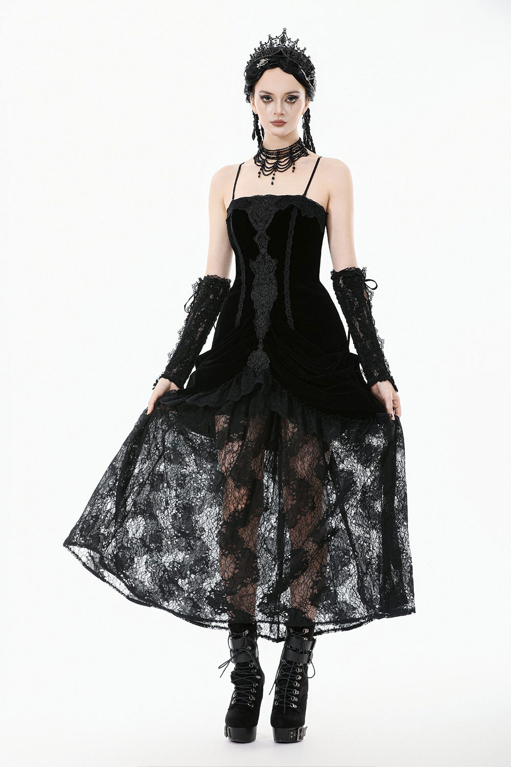 Dark In Love gothic dress with intricate long embroidery and lace trimming at the bust