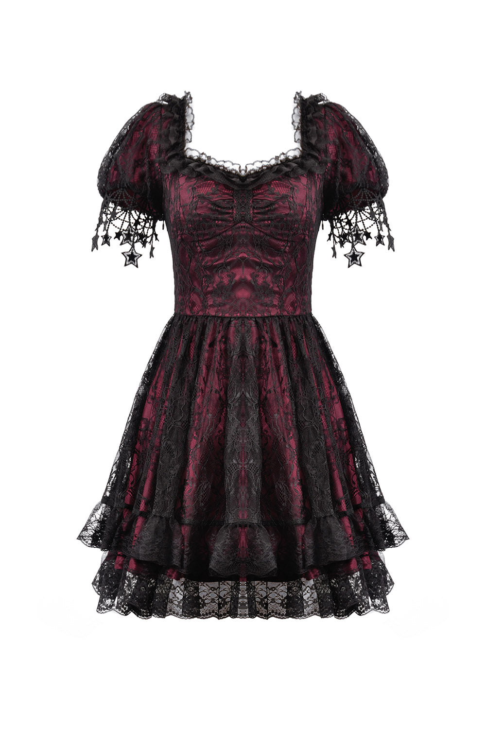 a-line black and red sweetheart neckline dress  with embroidered moon sleeves