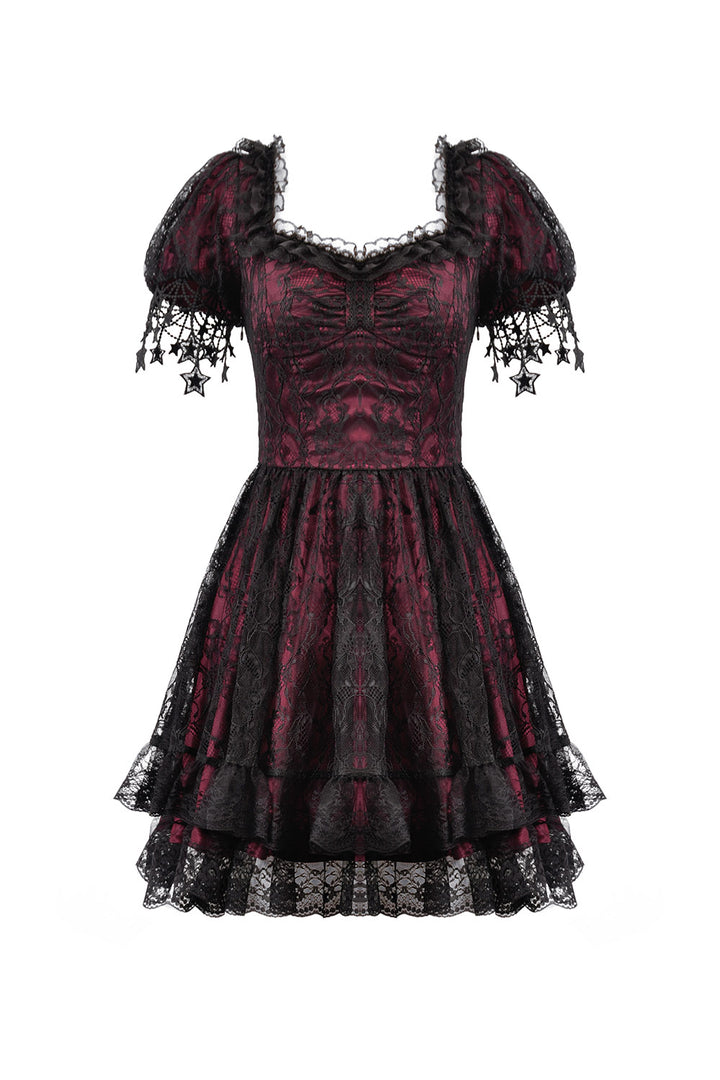 a-line black and red sweetheart neckline dress  with embroidered moon sleeves