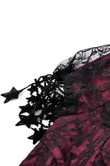 ruched black and red sweetheart neckline dress  with embroidered moon sleeves