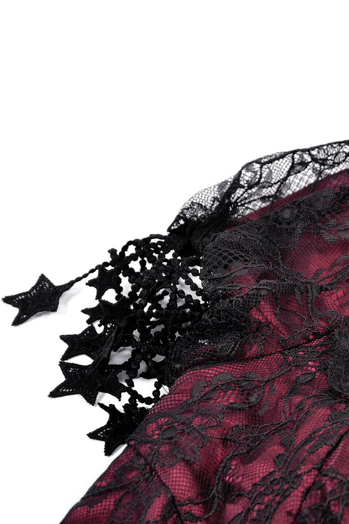 ruched black and red sweetheart neckline dress  with embroidered moon sleeves