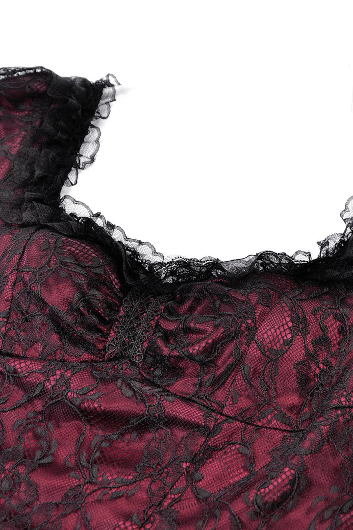 ruffled black and red sweetheart neckline dress  with embroidered moon sleeves