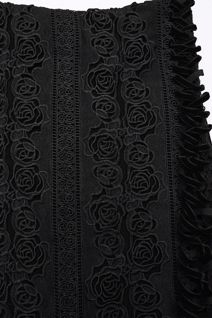 high waisted womens embroidered lace floral black velvet leg slit skirt