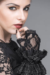 ruffled cuff black lace fingerless gloves