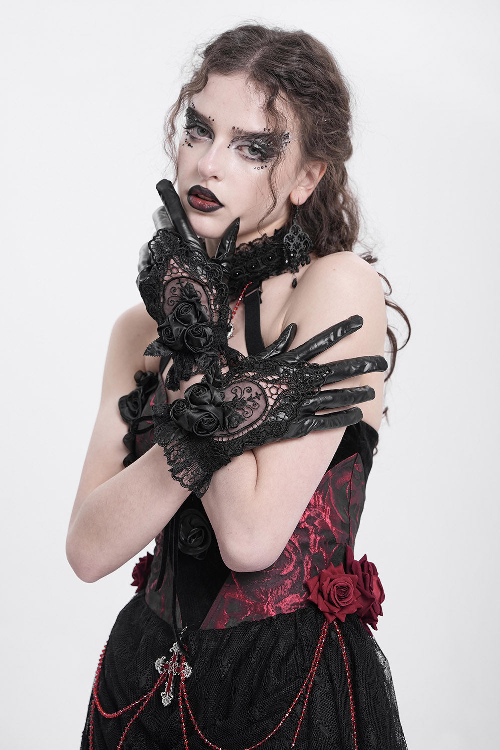 gothic faux black leather full finger gloves