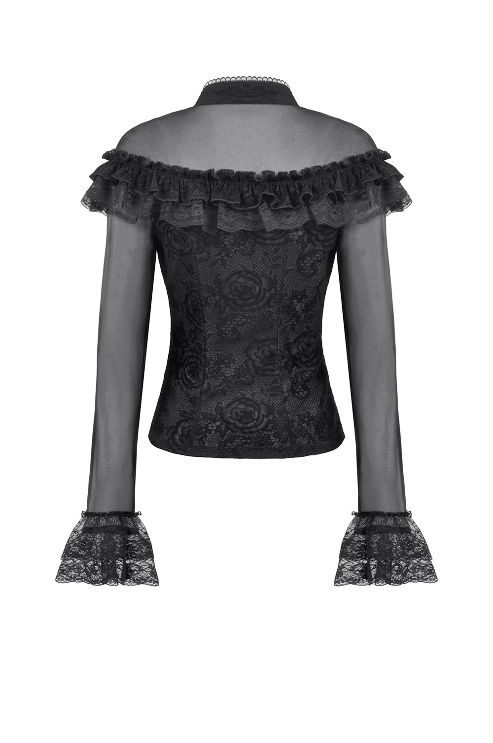 mesh and lace ruffled long sleeve top