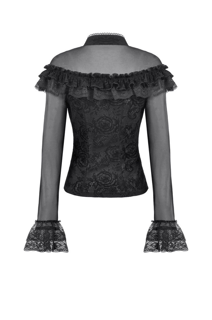 mesh and lace ruffled long sleeve top
