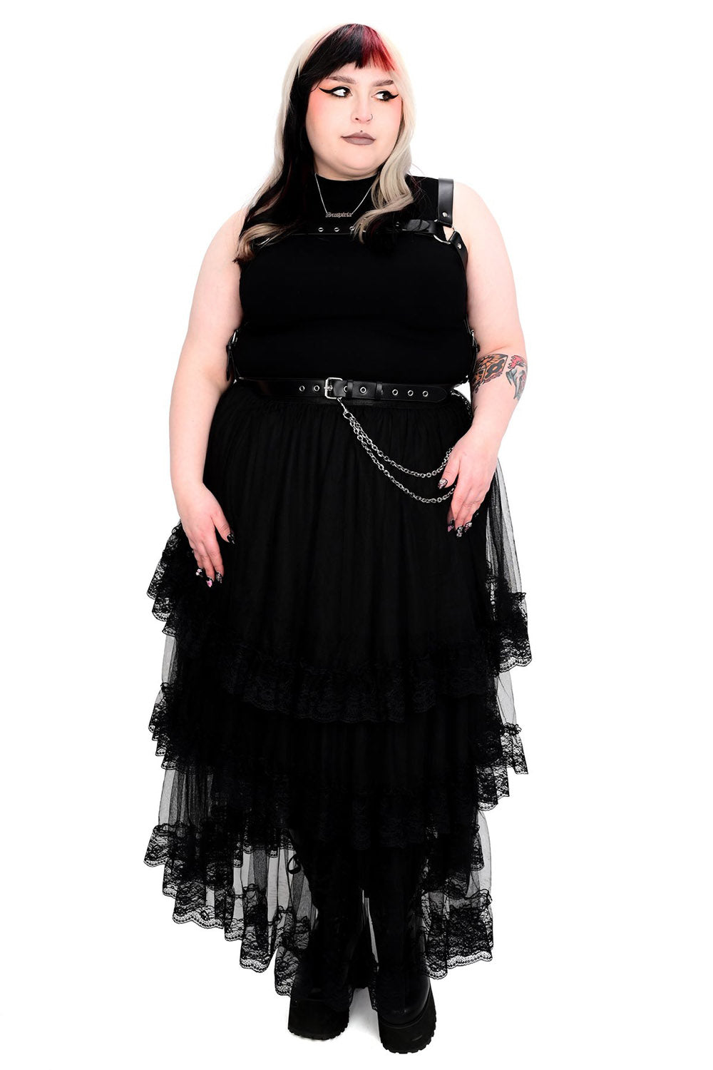 womens plus size high waisted mesh tiered gothic skirt