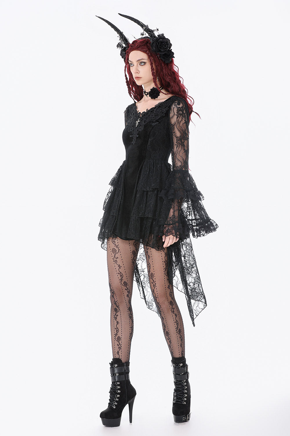 black lace gothic dress with sheer sleeves