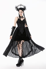 spaghetti strap  long black corset princess dress with a long black lace skirt