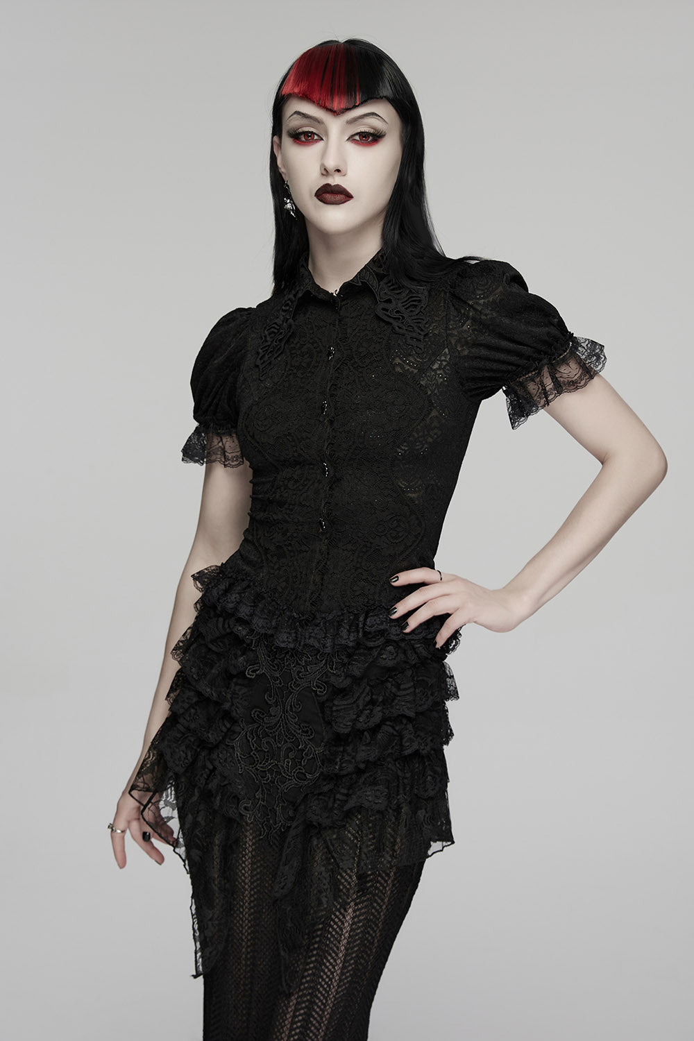 womens romantic black collared top with lace and ruffles 
