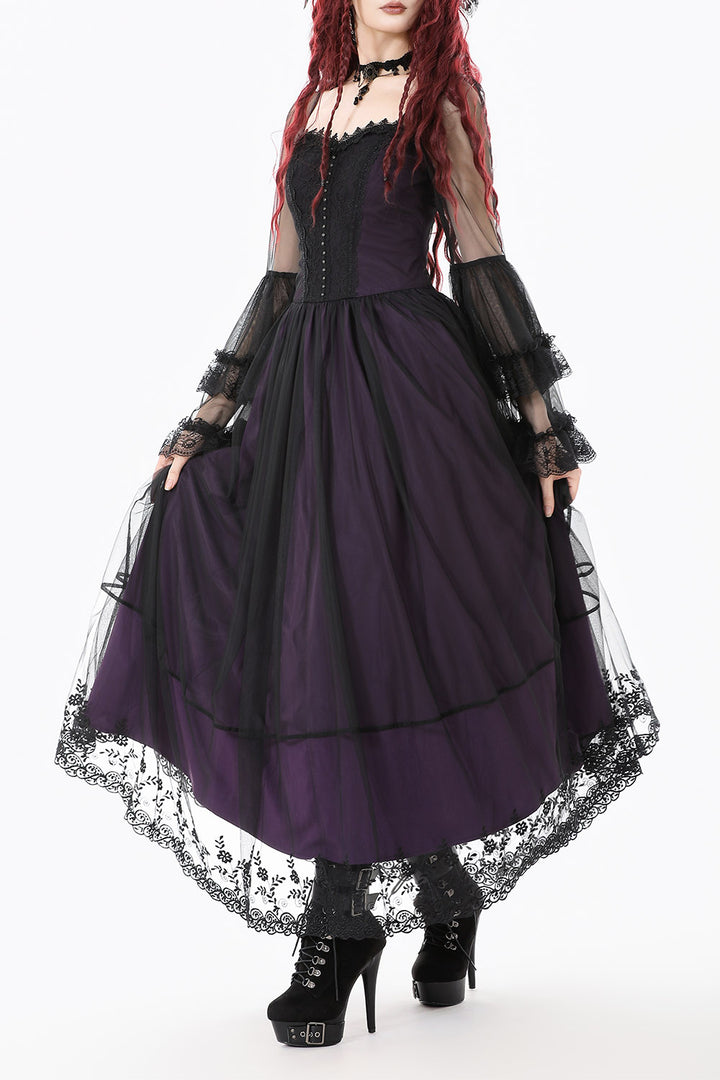 mesh long sleeve long lace dress