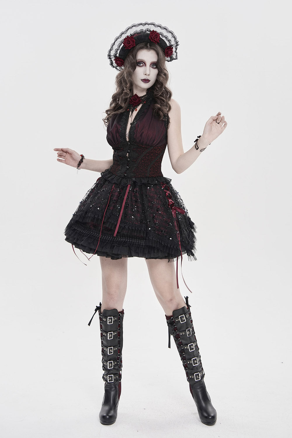 victorian gothic lace trim ruffled hat with red roses by devil fashion