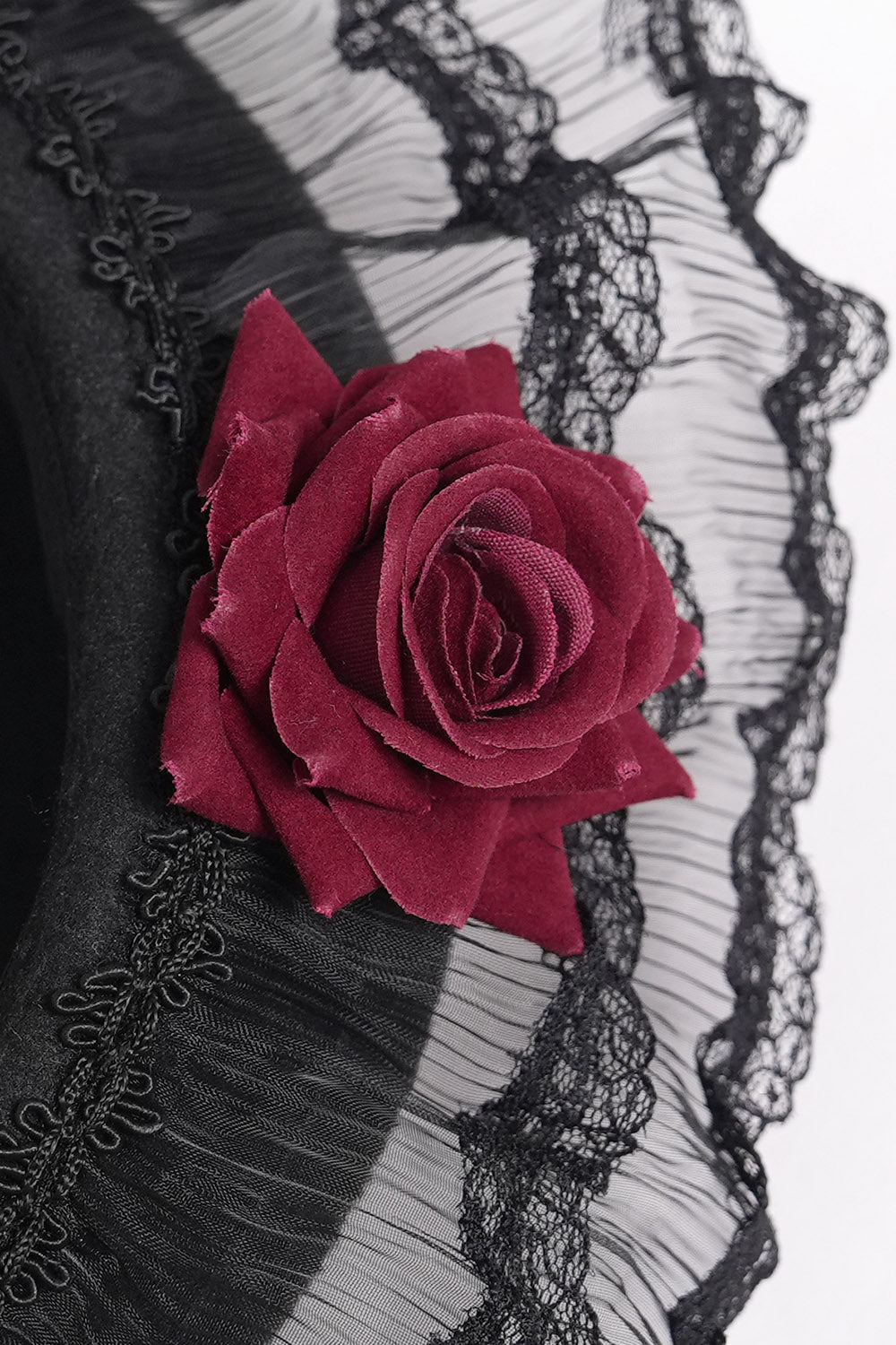 victorian goth lace trim ruffled cap with red roses and embroidery 
