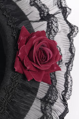 victorian goth lace trim ruffled cap with red roses and embroidery 