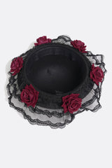 victorian goth lace trim ruffled cap with red roses