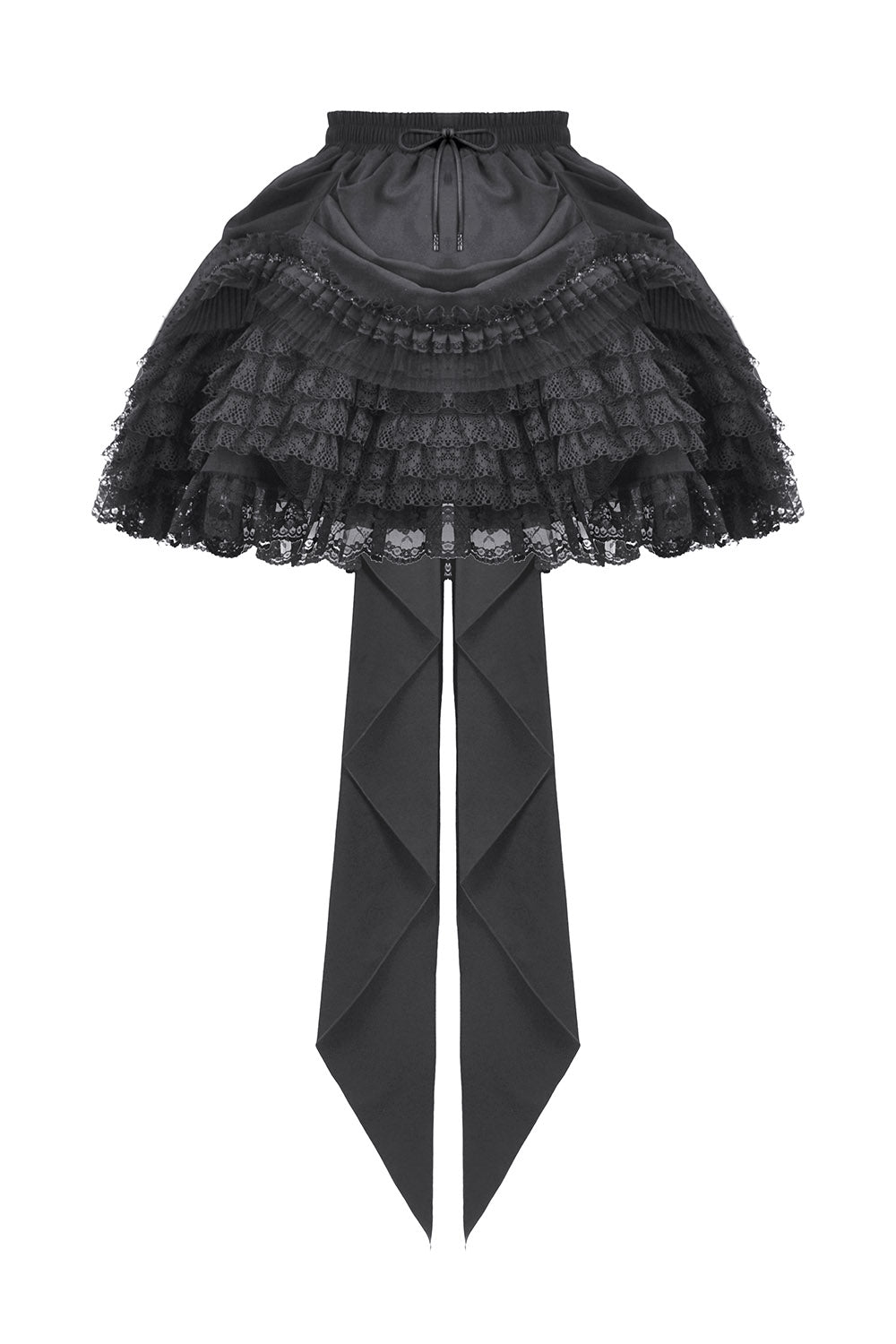 womens black layered ruffled skirt with attached train in the back