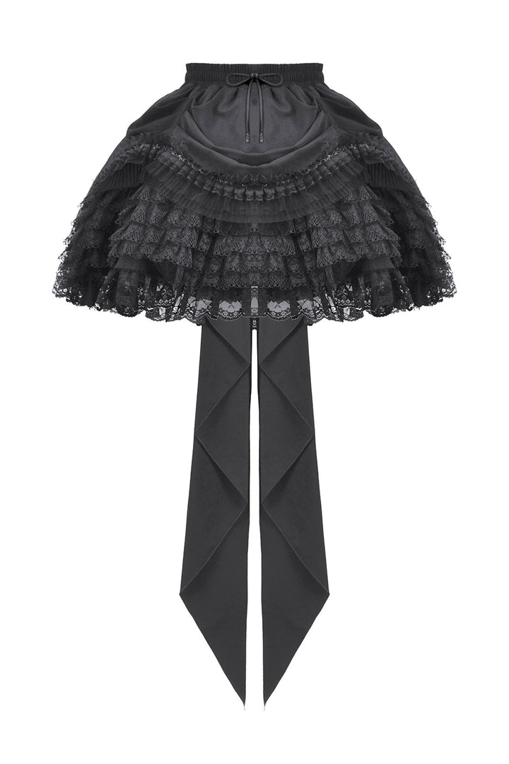 womens black layered ruffled skirt with attached train in the back