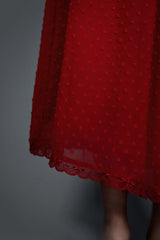 stretchy lace flowing red high-waisted skirt with v-shaped hem and pockets