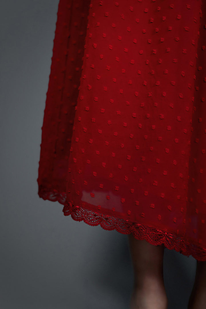 stretchy lace flowing red high-waisted skirt with v-shaped hem and pockets