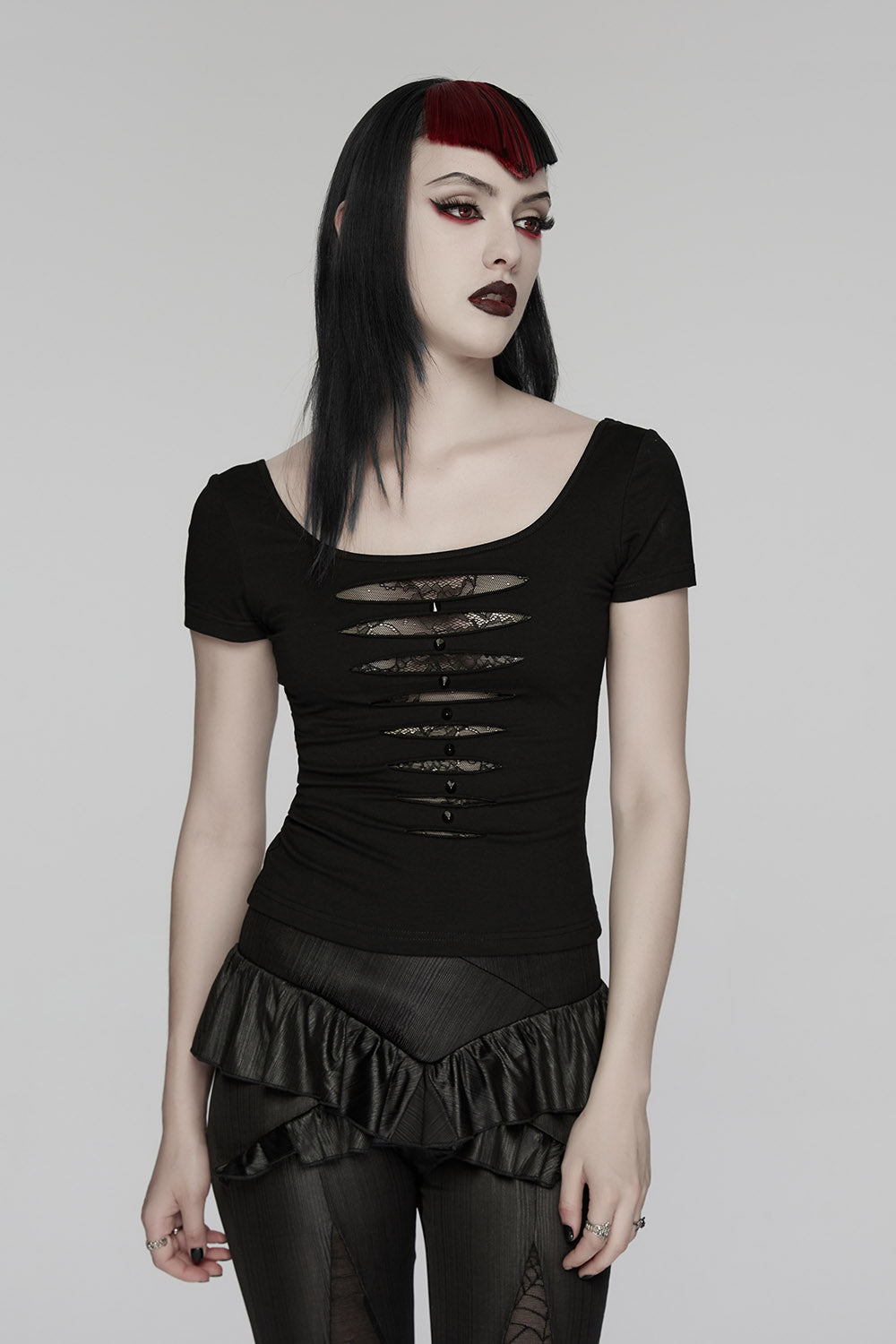 womens short sleeve shredded top