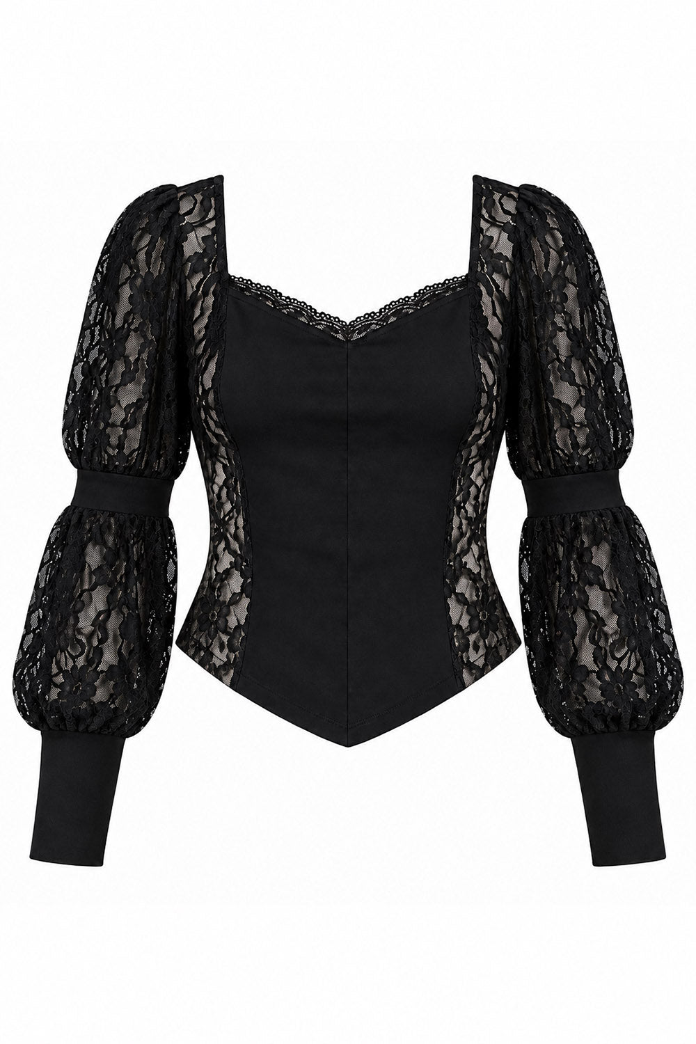 A black lace and satin corset-style top with dramatic puffed sleeves, shown on a plain white background.