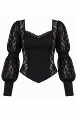 A black lace and satin corset-style top with dramatic puffed sleeves, shown on a plain white background.