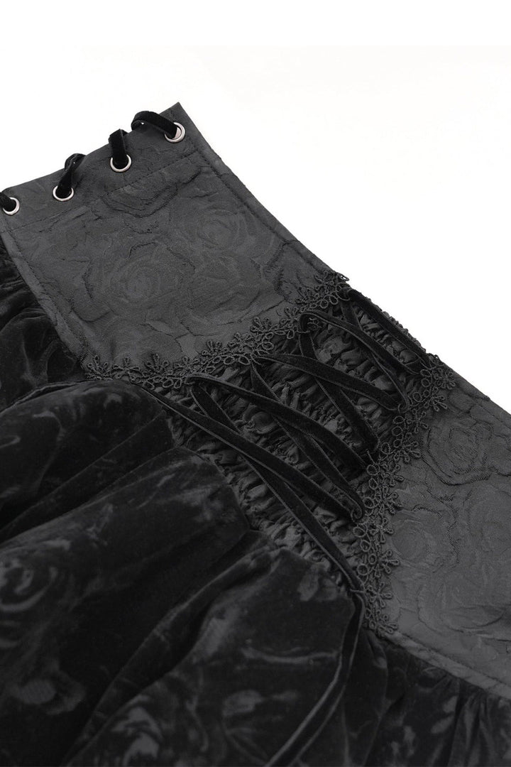 embroidered lace-up velvet mini skirt 