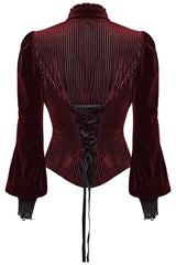 ruffled collar ribbed dark red velvet vampire goth button-down blouse by punk rave
