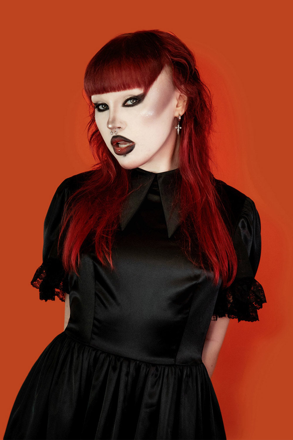 puff shoulder lace hem fit and flare goth dress