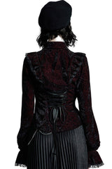 high collar lace-up black and red velvet long sleeve top by punk rave