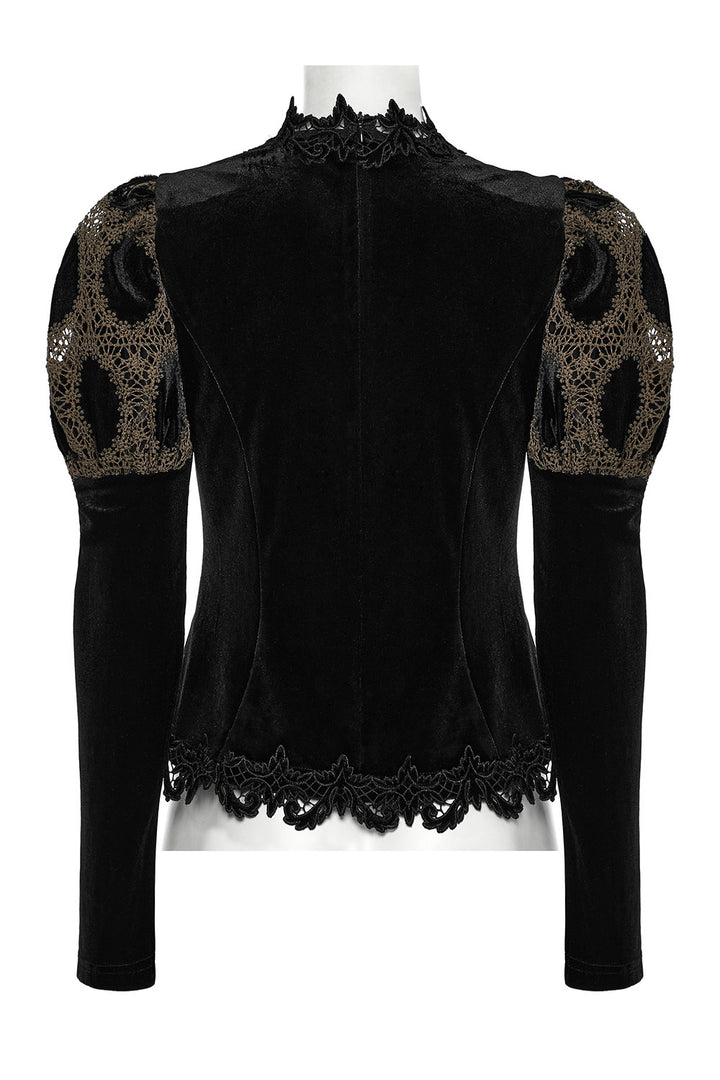 brown and black puff shoulder long sleeve lace top