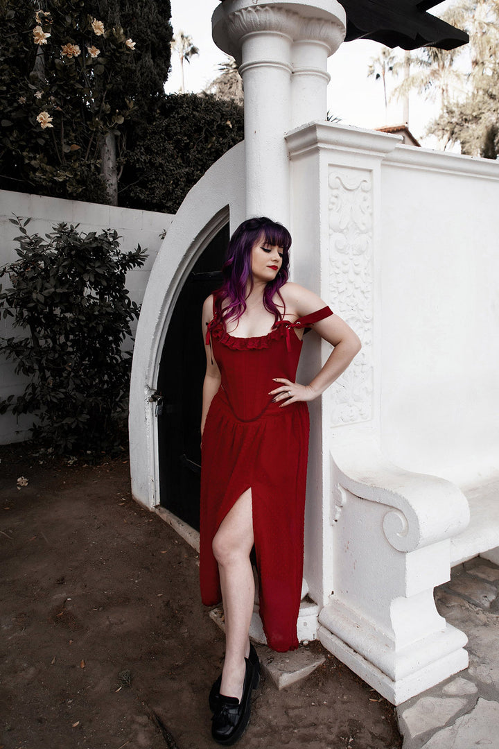 lively ghosts flowing red high-waisted skirt with v-shaped hem and pockets