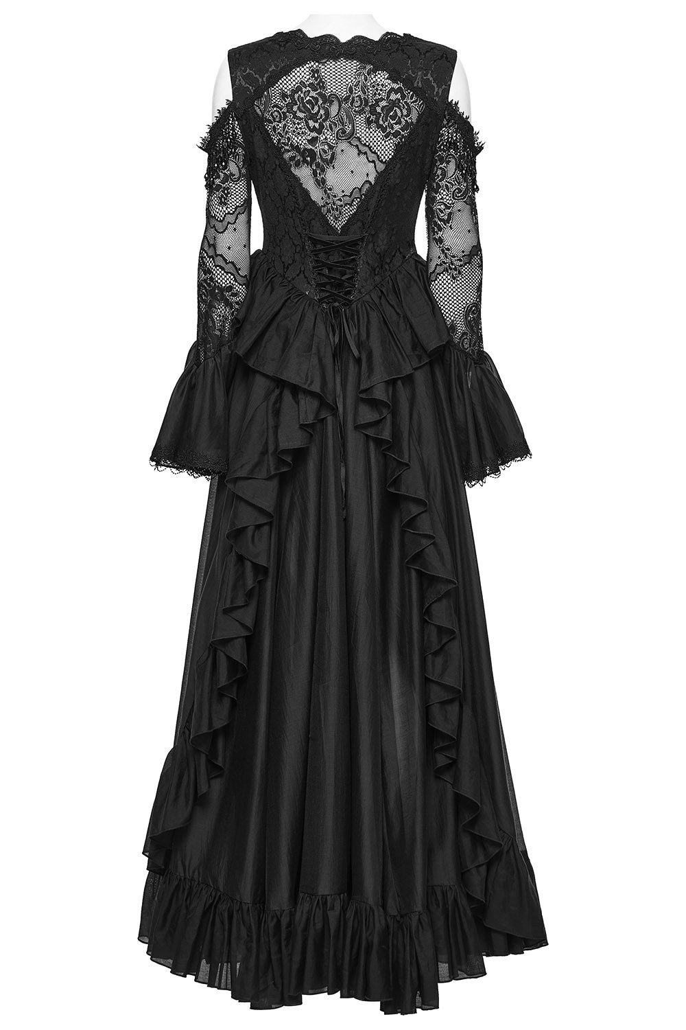 mesh lace-up long layered black romantic flared cuff off shoulder lace dress