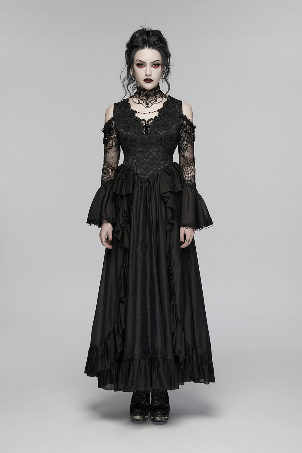 long layered black romantic flared cuff off shoulder lace dress