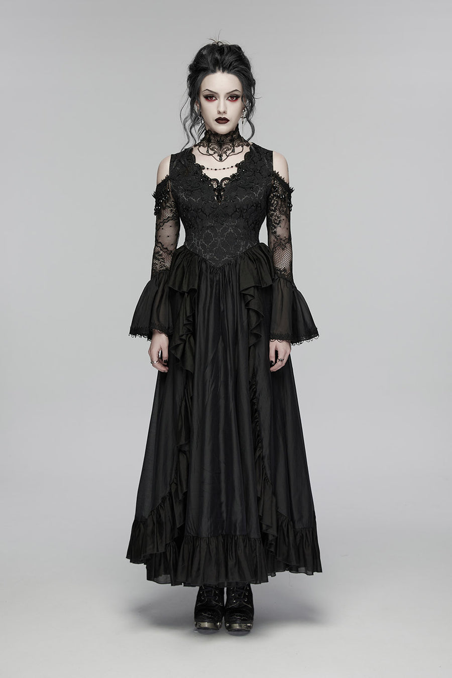 long layered black romantic flared cuff off shoulder lace dress
