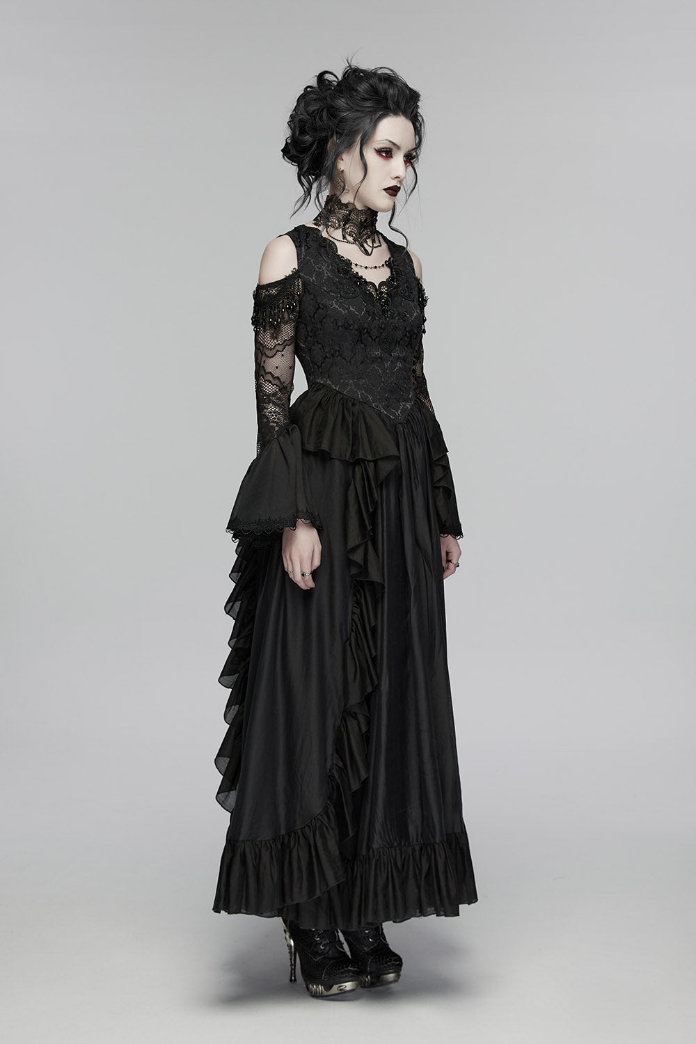 maxi long layered black romantic flared cuff off shoulder lace dress