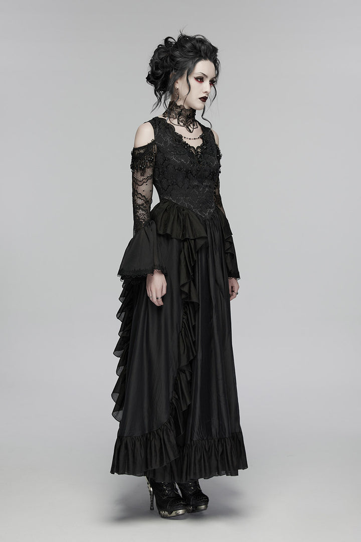 maxi long layered black romantic flared cuff off shoulder lace dress