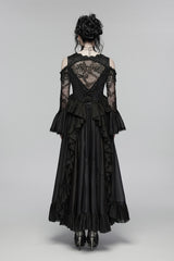 beaded long layered black romantic flared cuff off shoulder lace dress