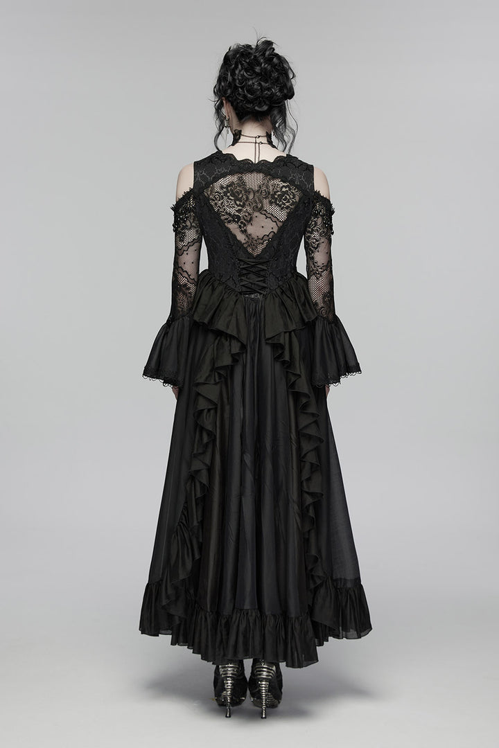 beaded long layered black romantic flared cuff off shoulder lace dress